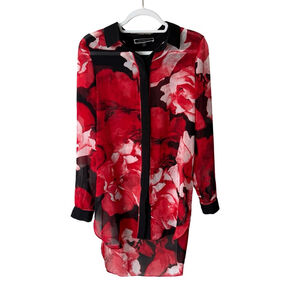 Melanie Lyne Floral Red and Black Women's Sheer Blouse Size 2 Oversized Tunic